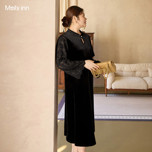 醋酸丝绒混纺拼接蕾丝国风气质连衣裙 2025冬新款 美丽客栈大码 女装