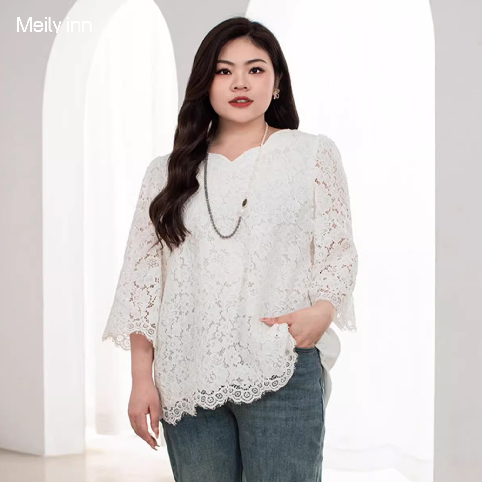 美丽客栈复古宽松大码蕾丝套头衫