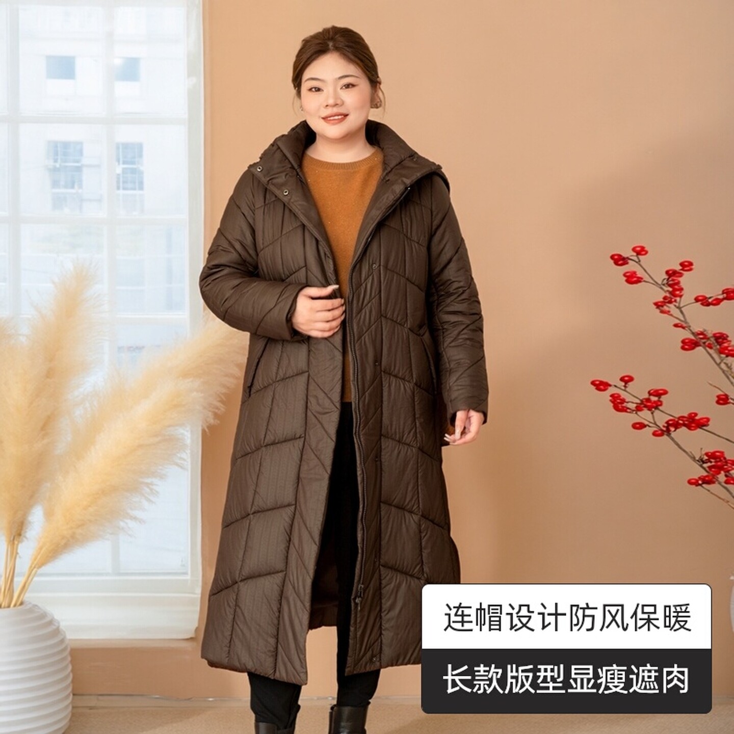 【冬日恋】美丽客栈长款立领连帽棉服女大码女装骆驼绒绵羊毛外套