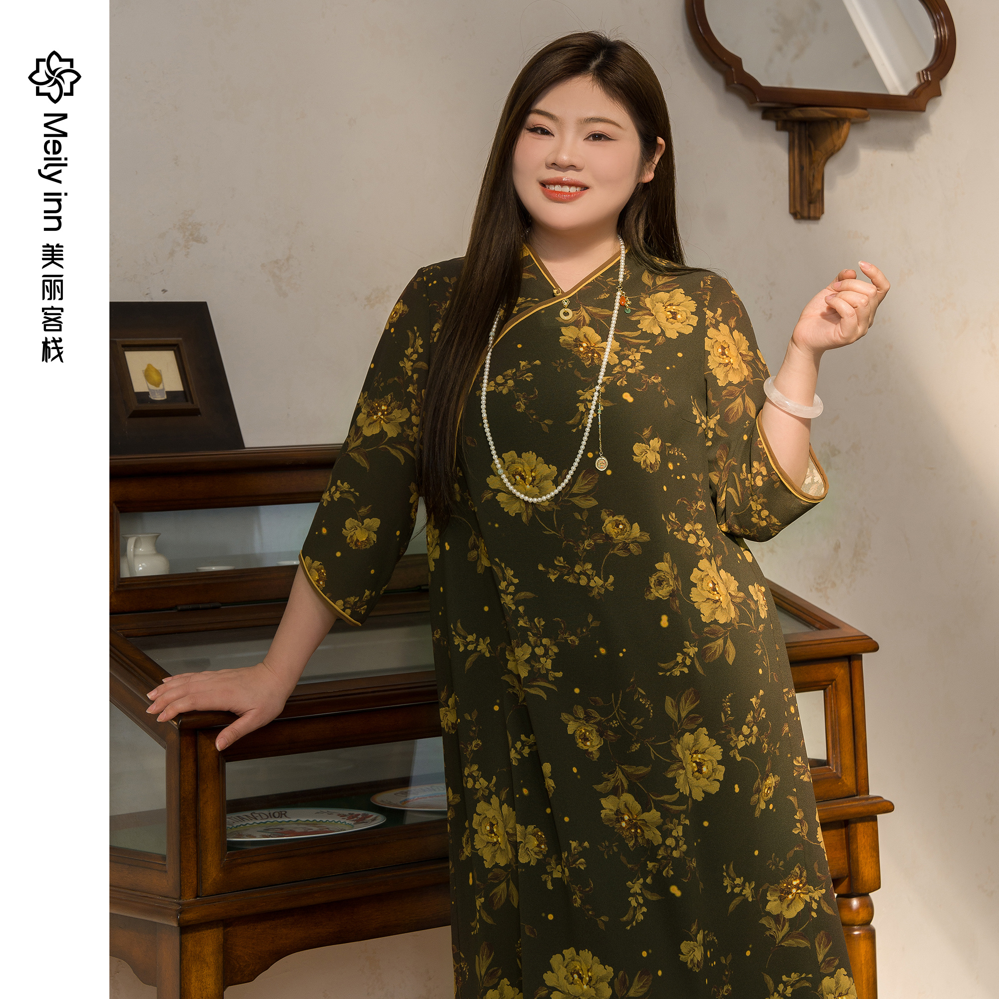 美丽客栈原创高端大码女装胖mm200斤加肥加大小个子新中式连衣裙