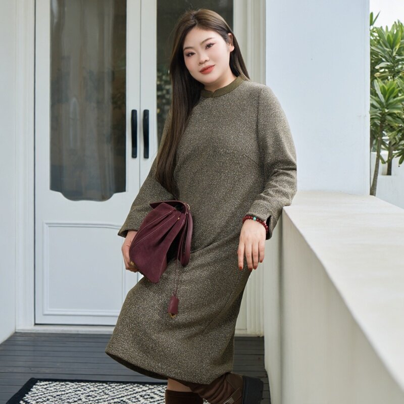 美丽客栈高端大码女装绵羊毛小香风新中式连衣裙女胖mm200斤显瘦