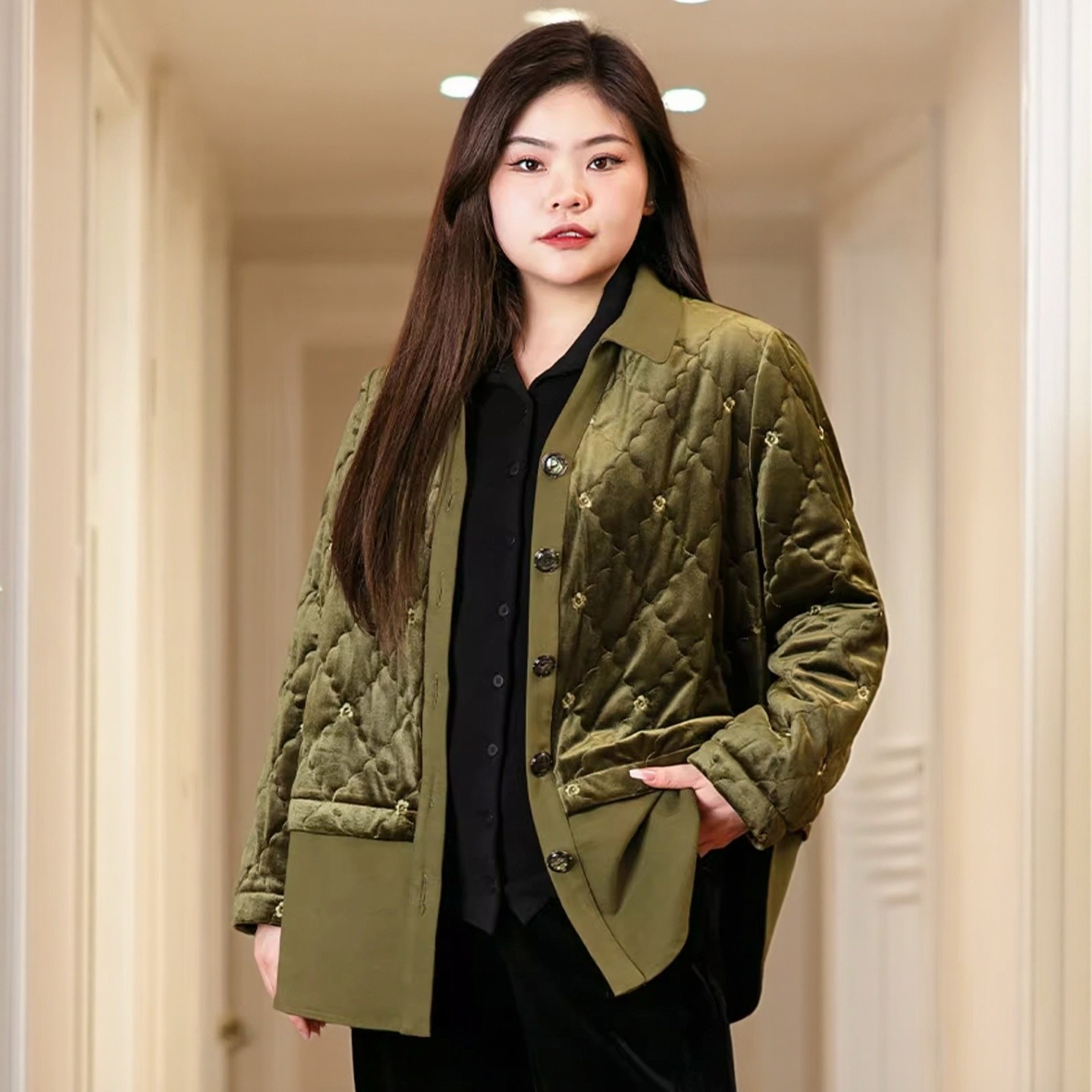 美丽客栈岁月长青菱格夹棉丝绒厚外套女秋冬款宽松假两件大码棉服,女装/女士精品,常规大码外套,淘宝优惠券,粉丝福利购,淘宝优惠卷