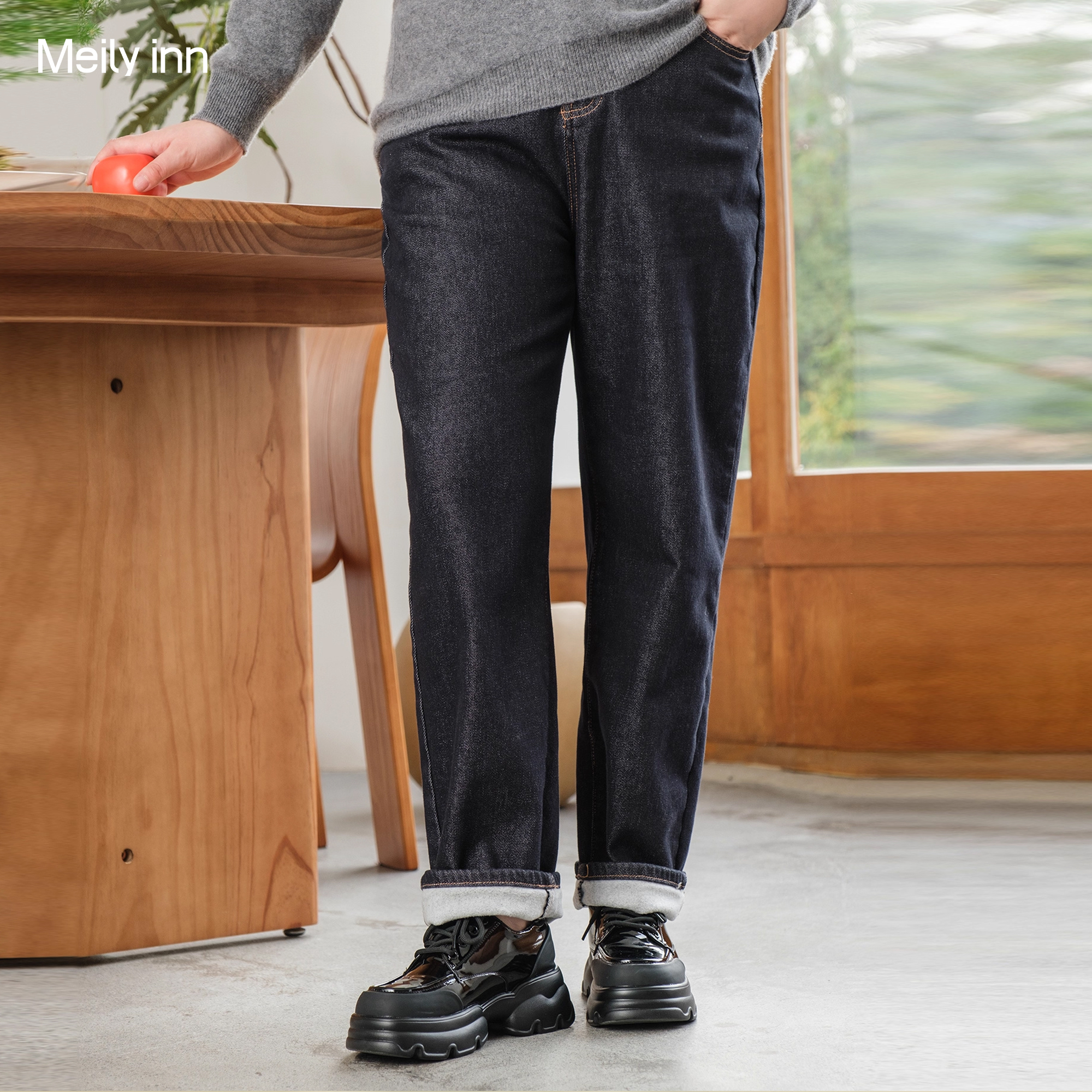 美丽客栈色织加绒半松紧萝卜裤女