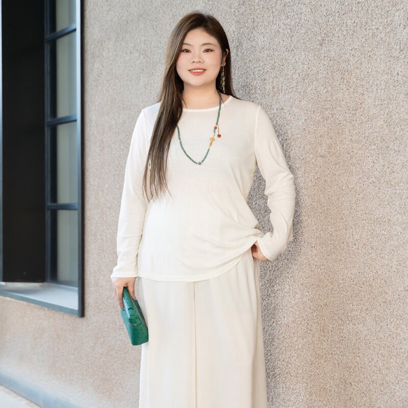 美丽客栈原创高端大码女装胖mm200斤加肥加大真丝天丝抗菌T恤春秋