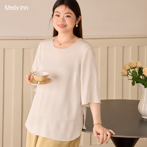 美丽客栈高端大码醋酸缎面圆领T恤女宽松百搭显瘦气质上衣高级感 - 封面