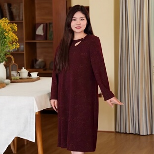 宽松复古优雅中长裙 女装 美丽客栈金色旋律连衣裙冬季 色织提花大码