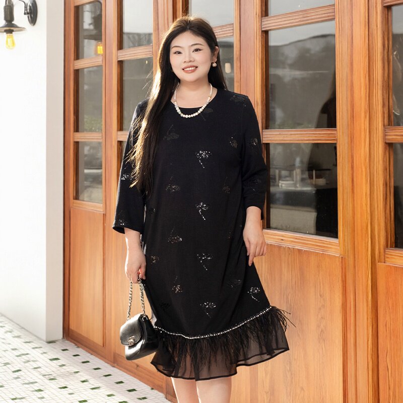 美丽客栈秋冬原创高端大码女装拼接设计鸵鸟毛胖mm加肥加大连衣裙