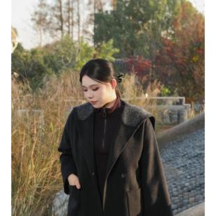 美丽客栈高端大码女装绵羊毛双面呢大衣胖mm宽松显瘦黑灰色外套