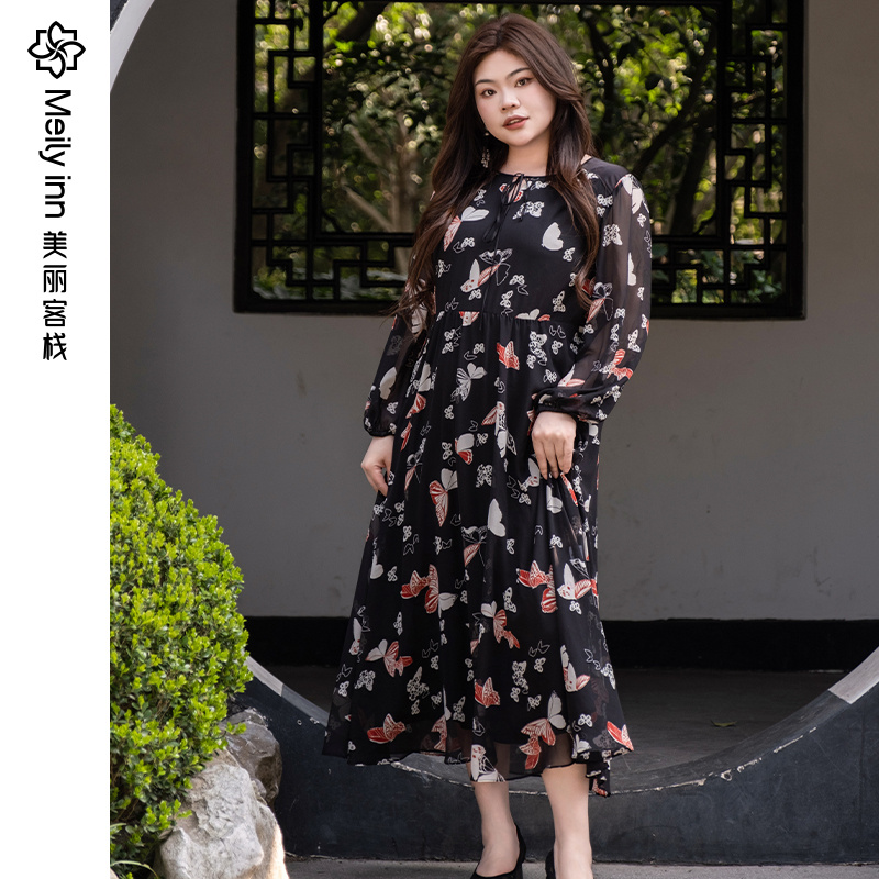 美麗客棧優雅感喬其紗大碼連衣裙