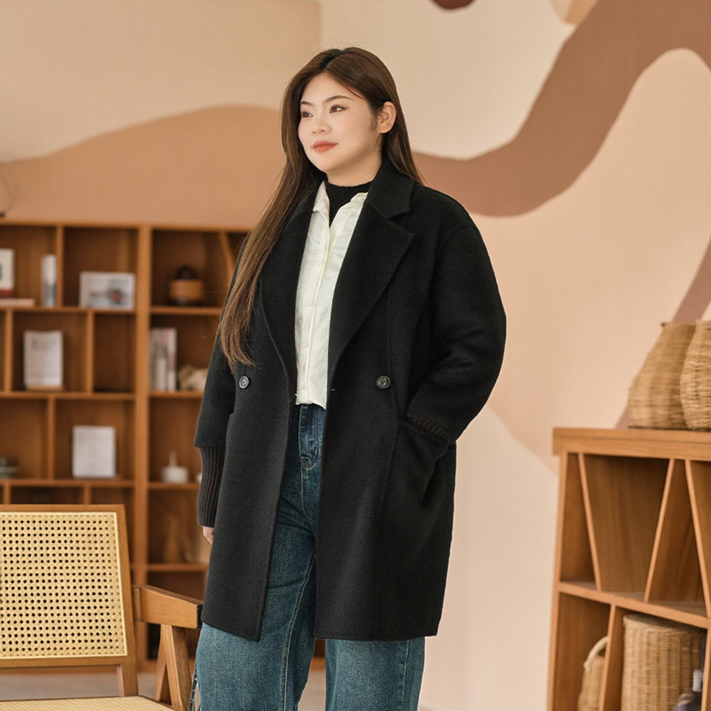 美丽客栈高端秋冬绵羊毛双面呢大衣女大码女装短款羊驼毛兔毛外套