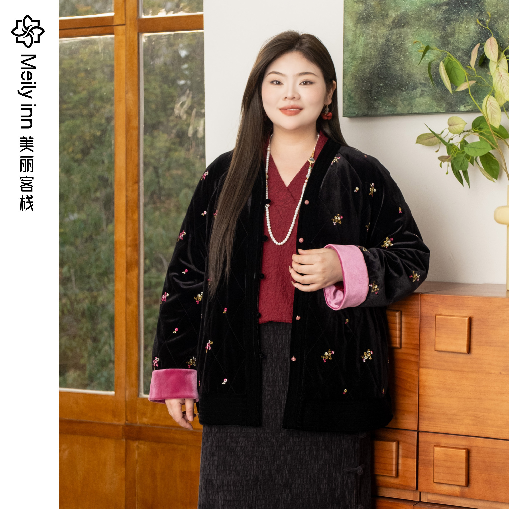 【韩国丝绒绣花】美丽客栈冬季新款棉服女加厚宽松设计感大码女装
