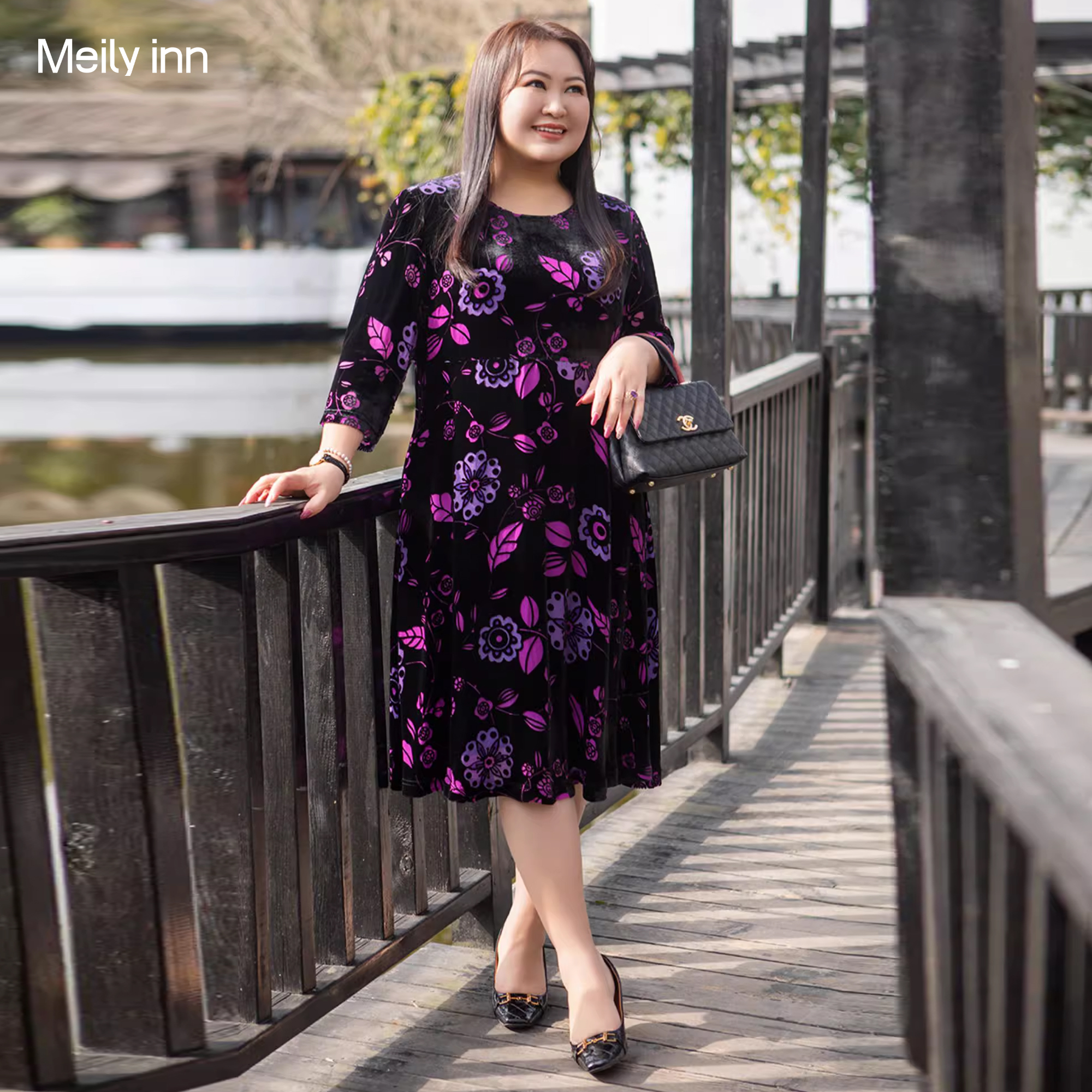 美丽客栈复古大码真丝连衣裙