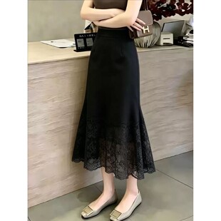 黑色蕾丝拼接鱼尾裙女2026秋季新款高级感时髦优雅百搭包臀a字裙