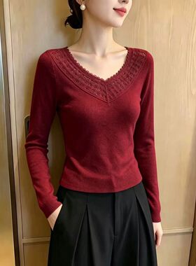 镂空v领打底衫女修身显瘦薄款2026秋冬新款长袖针织衫气质百搭