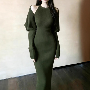 小众气质坎肩 显瘦绿色针织包臀长裙 挂脖连衣裙纯欲风两件套修身
