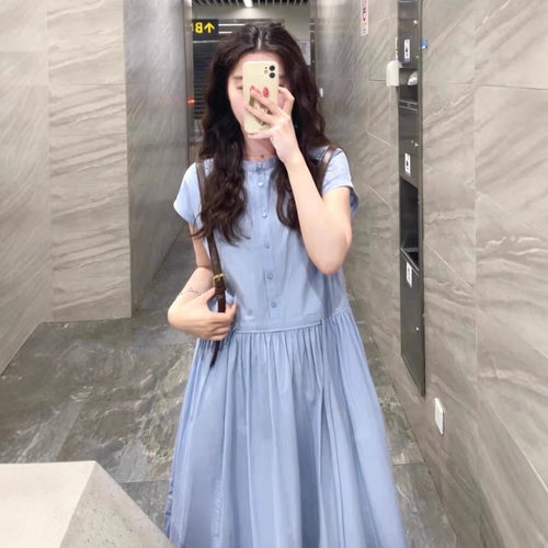 法式蓝色短袖衬衫连衣裙子女夏2026年新款高级感收腰显瘦气质长裙