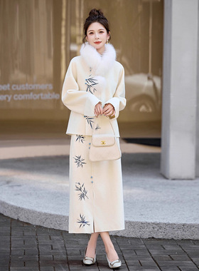 套装2025秋冬款中国风古韵刺绣毛领呢子外套半裙两件套裙ZM25919