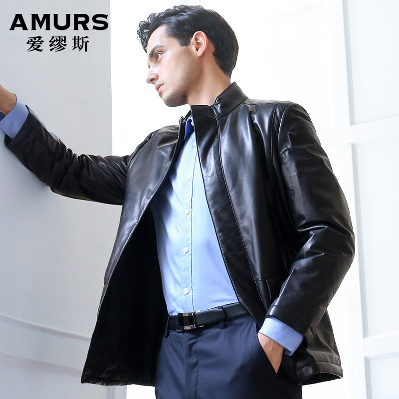Amurs/爱缪斯小山羊皮立领真皮皮棉衣中年男装商务休闲保暖外套