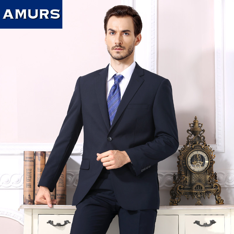 Amurs/爱缪斯中年男士商务正装羊毛西服上衣纯色宽松单西外套