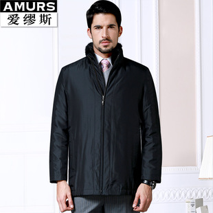 爱缪斯纯桑蚕丝立领棉衣中年男士水貂毛皮内胆尼克服皮草