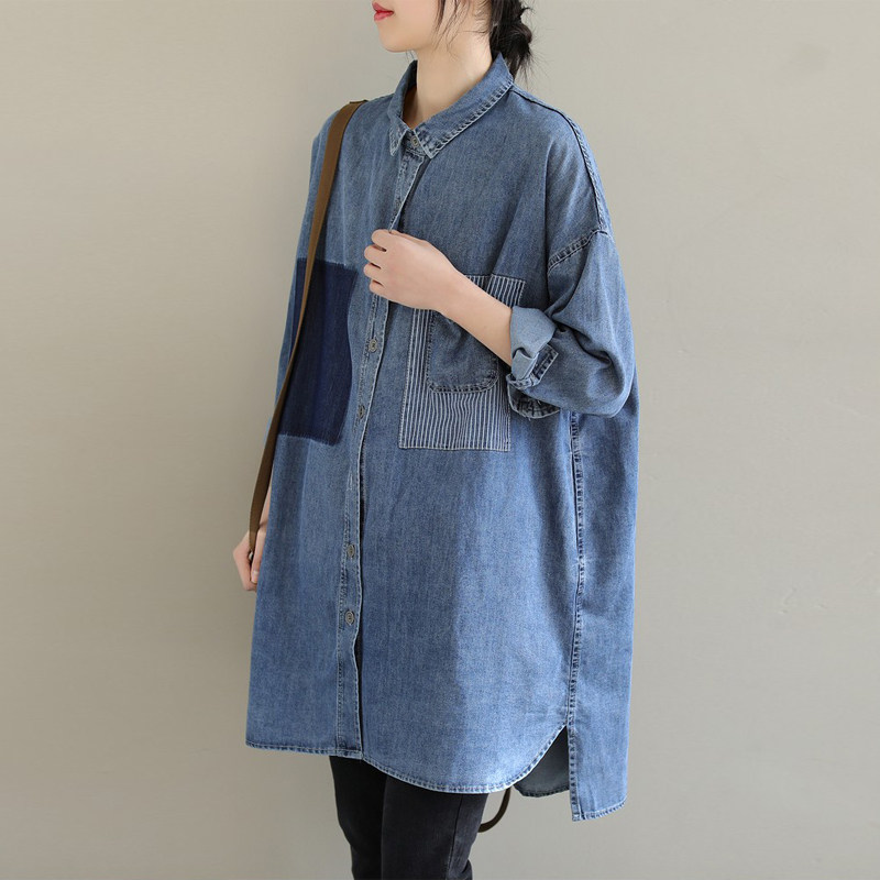 출산 데님 셔츠 봄과 가을 새로운 느슨한 대형 중간 길이 엉덩이 덮는 탑 임신 가을 셔츠 재킷