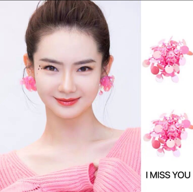 粉色亮片甜美风夸张耳环戚薇同款