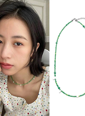 周雨彤同款绿色米珠白色点缀项链碎石贝珠小清新choker气质潮颈圈