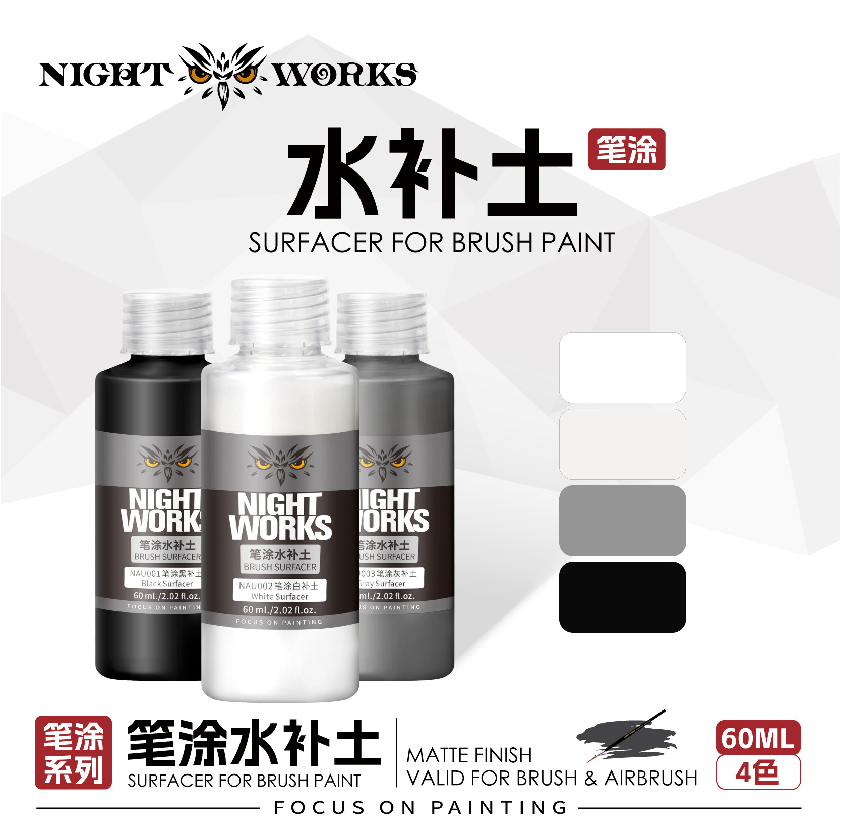 夜店漆NightWorks 笔涂水补土 黑/白/灰补土NAU001/2/3 微缩模型