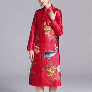 女装 2021早秋新款 中国风上衣复古刺绣花气质外套 风衣中长款 妈妈装