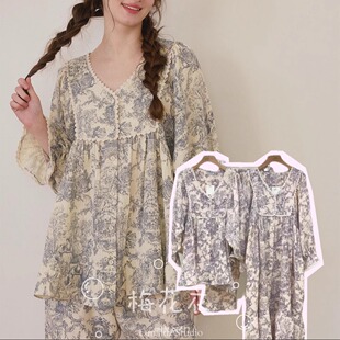 正品韩国lunaluz水墨画双层棉纱睡裙V领长袖裤睡衣套装女款春秋季