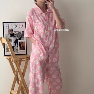 现货韩国balcony宽松卡通衬衫领前扣棉纱短袖长裤睡衣套装春夏女