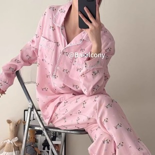 现货韩国balcony宽松卡通小狗衬衫领前扣长袖裤睡衣套装女款春季