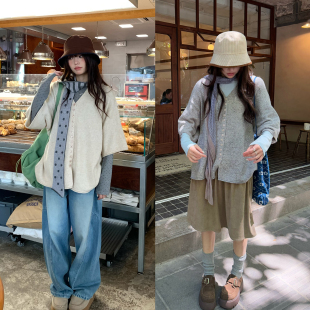 新款 毛衣2025秋季 休闲叠穿慵懒针织外套女 V领扣子宽松中袖 荒荒家