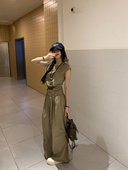 荒荒家 女 松紧腰直筒休闲裤 小众背后绑带上衣两件套2025夏季 新款