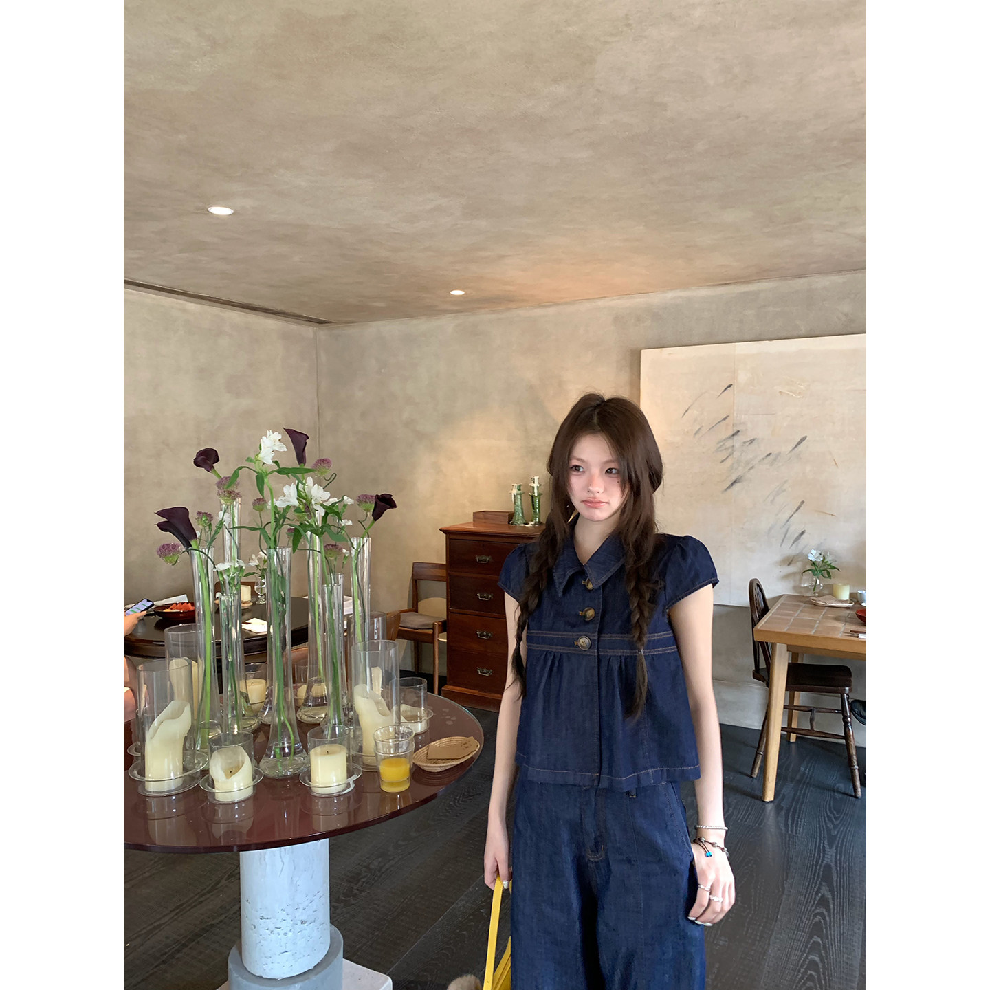 荒荒家牛仔上衣裤子套装2026夏季新款薄款短袖外套阔腿裤两件套女
