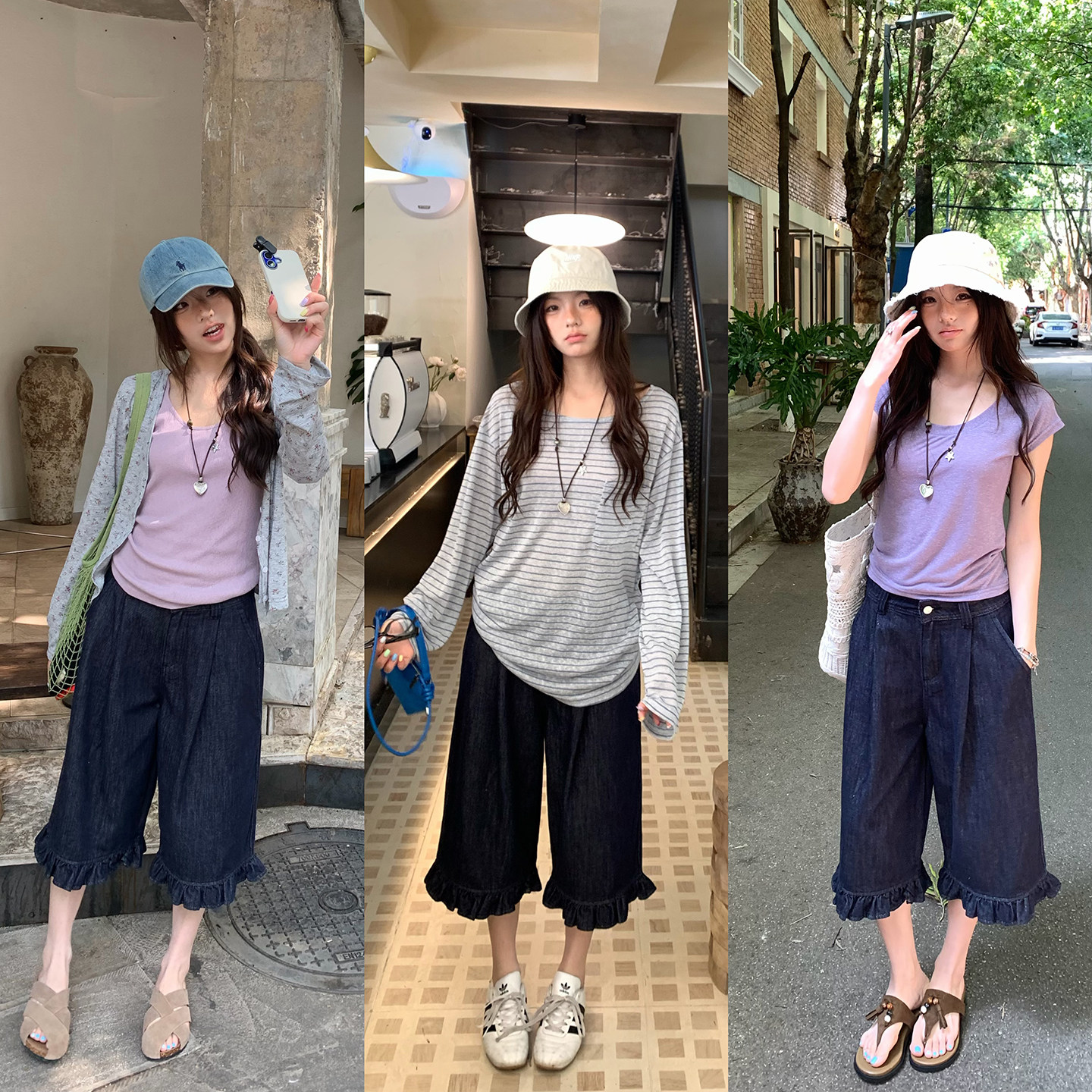 荒荒家 花边牛仔中裤2026夏季新款宽松复古深蓝色阔腿七分短裤女