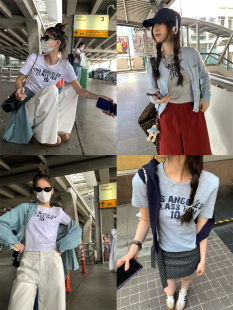 圆领字母修身 经典 上衣女 T恤2025春夏新款 荒荒家怀旧印花竹节短袖