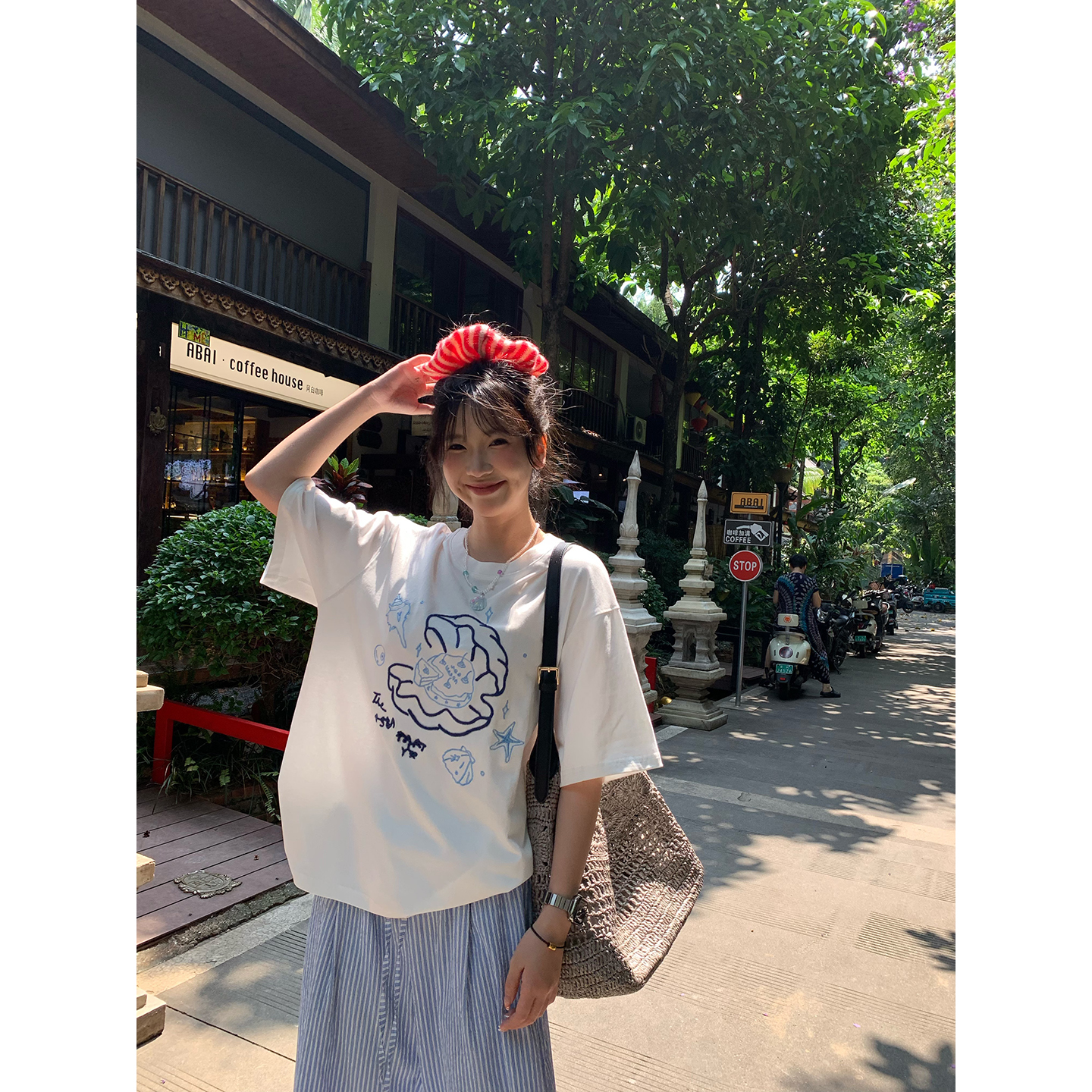 荒荒家 海星贝壳刺绣工艺短袖2025夏季新款韩版宽松显瘦减龄T恤女