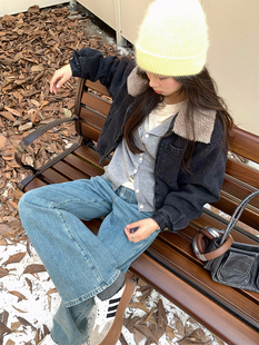 荒荒家 翻领羊羔绒外套2025年秋冬新款加厚保暖拼接牛仔拉链夹克