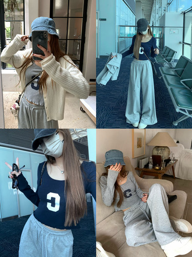 荒荒家 C字母长袖T2026新款春秋小众修身设计短款上衣女打底外穿