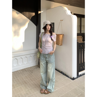 浅蓝色复古直筒阔腿休闲裤 薄款 女 2026春夏新款 荒荒家竹节纹牛仔裤