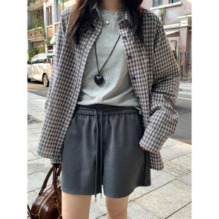 高腰宽松深灰色直筒阔腿五分裤 2026春秋新款 女 抽绳小短裤 荒荒家