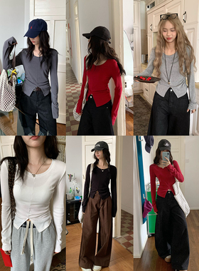 荒荒家 抽褶开衩长袖T2025秋季新款小众修身设计套头打底上衣女