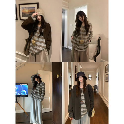 荒荒家花灰间条纹长袖T