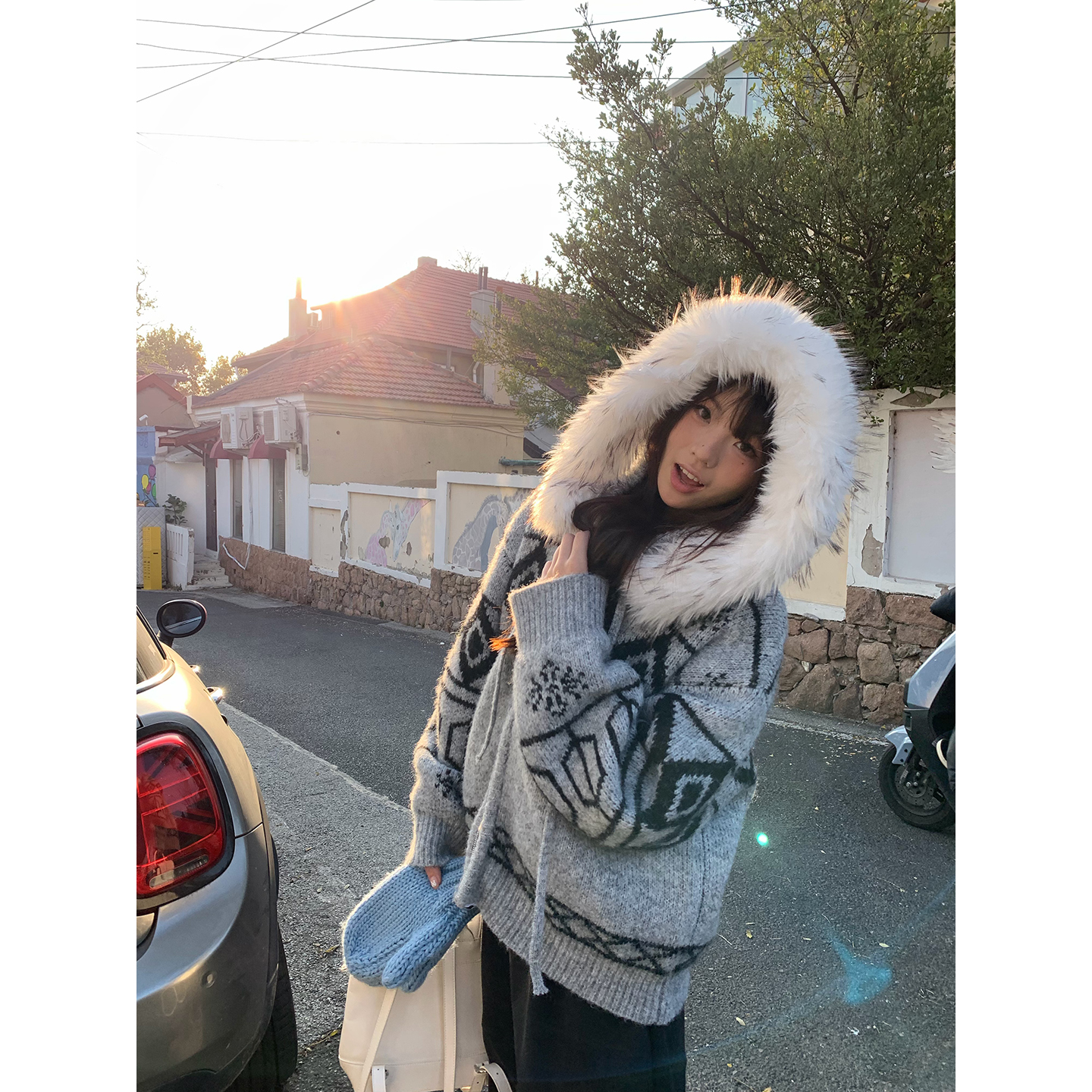 荒荒家 毛领连帽费尔岛毛衣2025冬季新款韩版复古灰色针织外套女