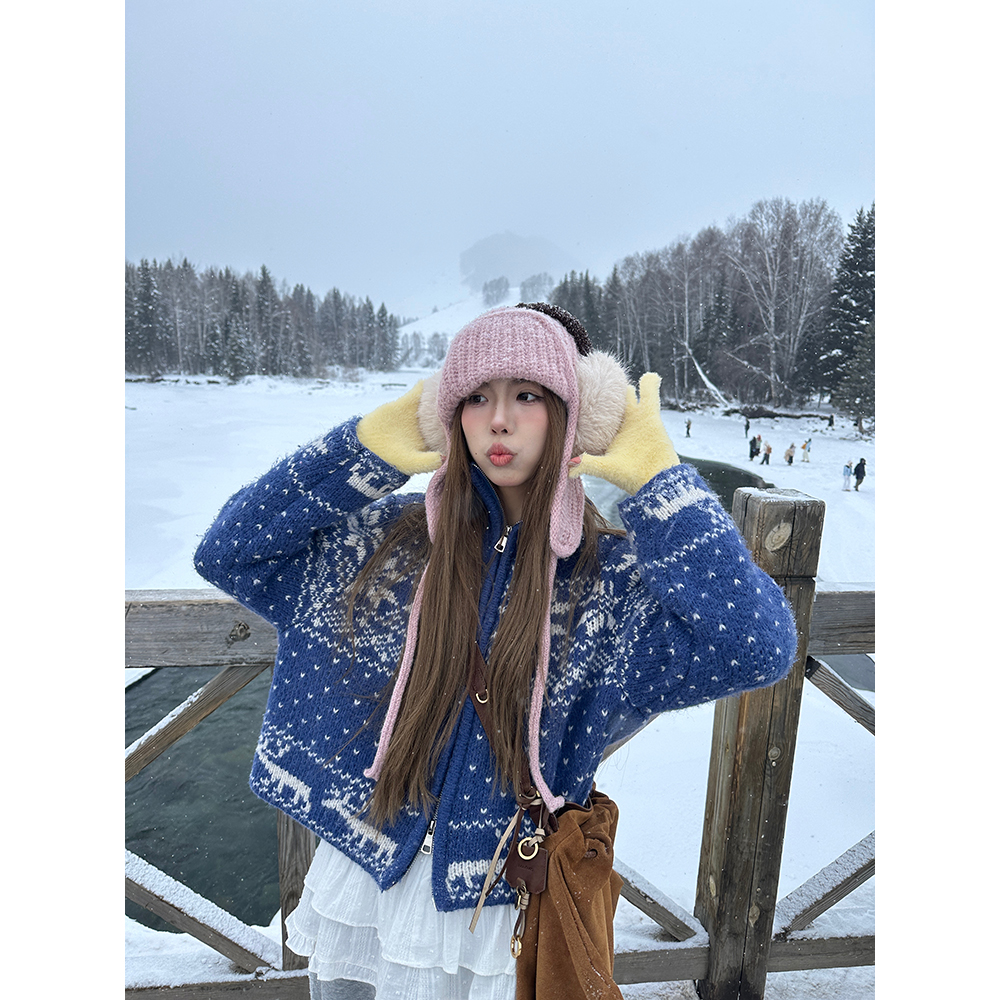 荒荒家雪花费尔岛拉链毛衣外套