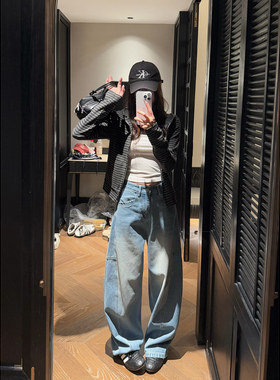 荒荒家蓝色牛仔弯刀裤2026春秋新款直筒宽松显瘦设计阔腿休闲裤女