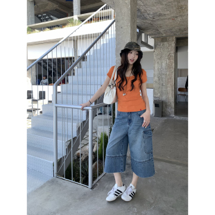 宽松慵懒松弛休闲短裤 荒荒家 新款 2026夏季 女 单边口袋牛仔7分裤