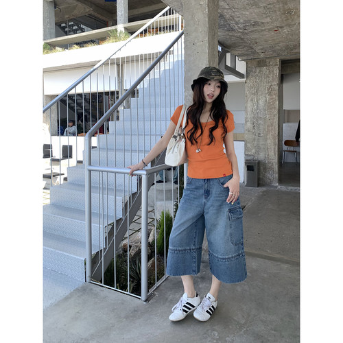 荒荒家单边口袋牛仔7分裤
