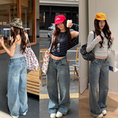 复古直筒宽松水洗蓝阔腿休闲裤 新款 女 2026春季 荒荒家中低腰牛仔裤